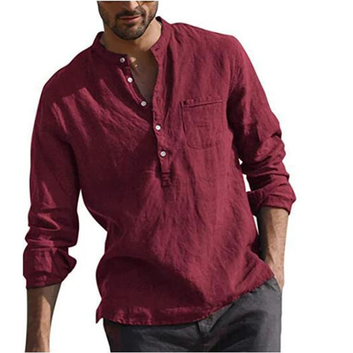 Cotton Line Hot Sale Men's Long-Sleeved Shirts Summer Solid Color  Stand-Up Collar Casual Beach Style Plus Size